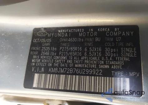 2006 Hyundai Tucson Gl z USA, uszkodzony, nr VIN KM8JM72B76U299922